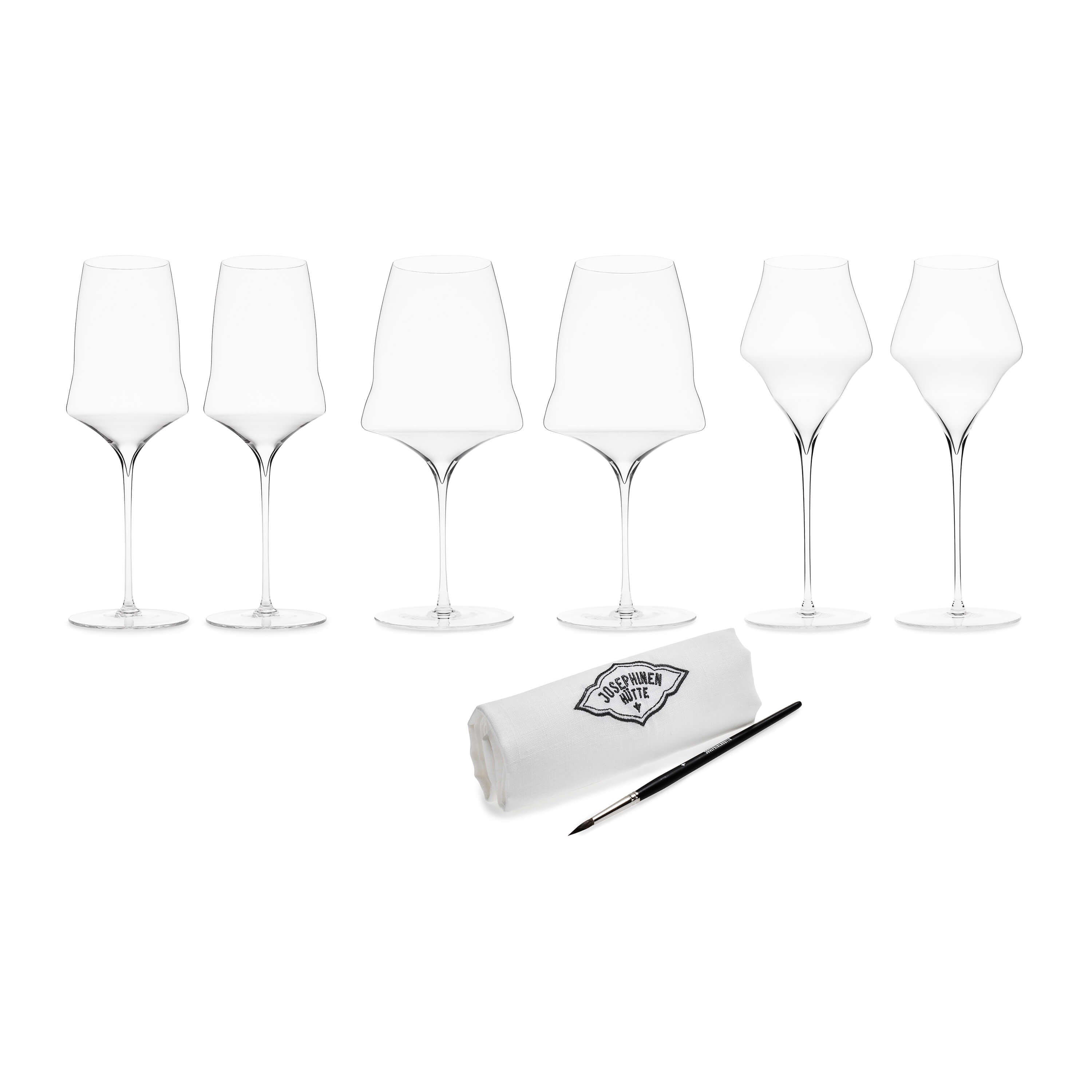 Two white wine glasses, two red wine glasses, two champagne glasses and brush and linen cloth by Josephinenhütte